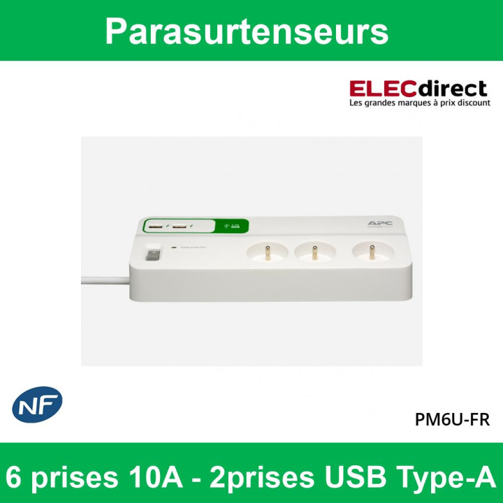 Schneider - APC - SurgeArrest - Parasurtenseurs - 6 prises 10A - 2 prises USB - Réf : PM6U-FR