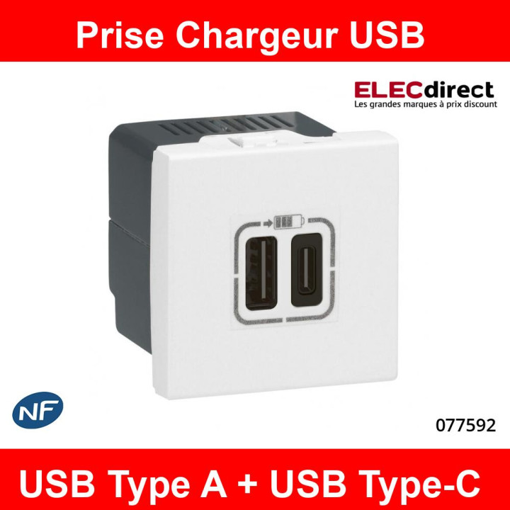Legrand - Prise chargeur USB Type-A + Type C 3A 5V 15W - 230V - Réf : 077592
