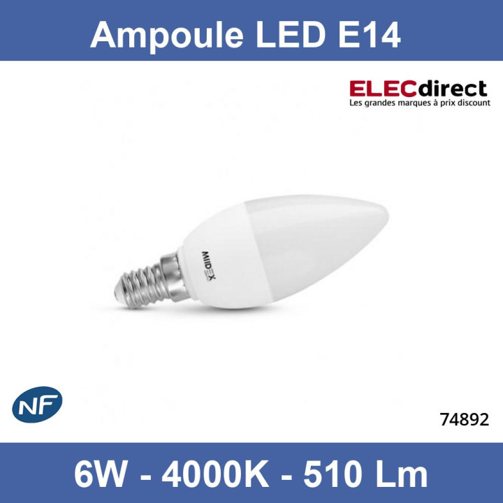 Miidex - Ampoule LED E14 6W Flamme - F - 510 Lm - 180° - 4000K - Réf : 74892