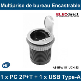 GTV Lighting - Multiprise encastrable CHARGER MINI Ø60 - PC 2P+T + USB-A - Aluminium - IP20 - Réf.: AE-BPW1S1UCH-53