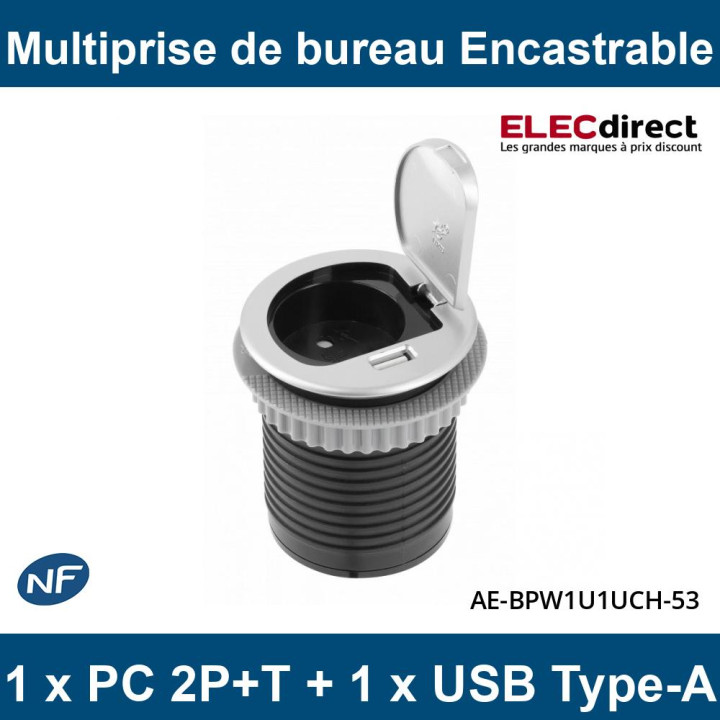 GTV Lighting - Multiprise encastrable CHARGER MINI Ø60 - PC 2P+T + USB-A - Aluminium - IP20 - Réf.: AE-BPW1S1UCH-53