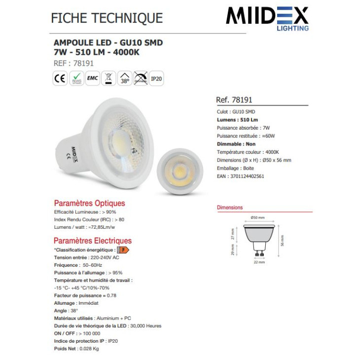 Miidex - Lampe LED 7W - non Dimmable - 4000K - 510 lumens - GU10 230V - Réf : 78191