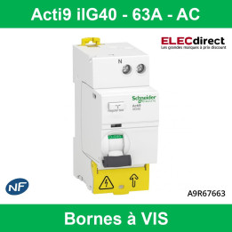 Schneider - Inter diff tête de groupe Acti9 iIG40 - 1P+N - 63A - 30mA - Type AC Réf : A9R67663