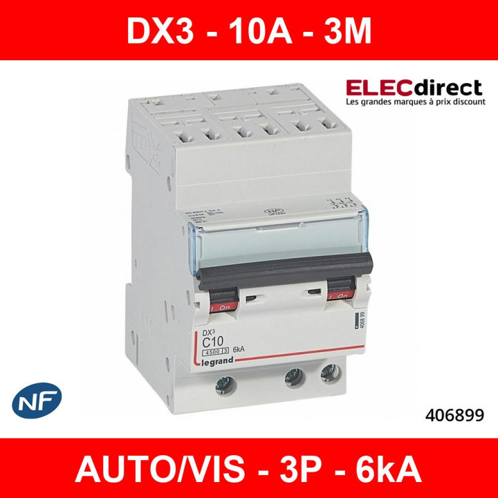 Legrand - Disjoncteur DNX³4500 6kA arrivée automatique sortie à vis - tripolaire 400V~ 10A courbe C - Réf : 406899