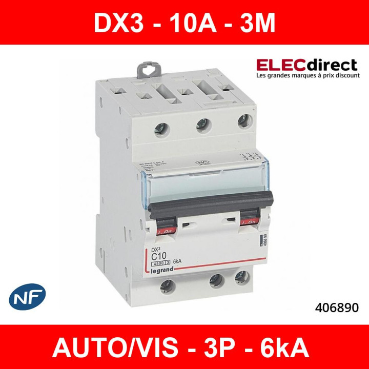 Legrand - Disjoncteur DX³ 4500 - vis/vis - 3P - 400 V~ - 10A - 6kA - courbe C - 406890