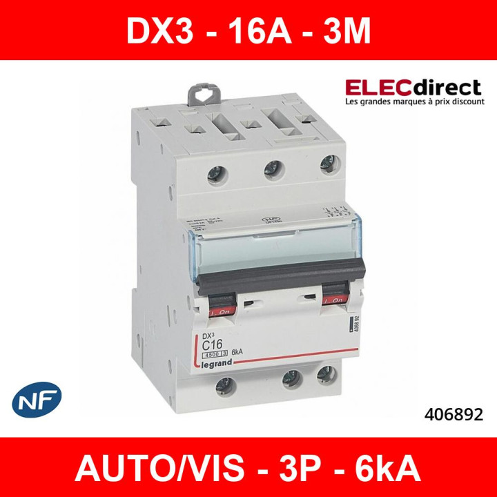 Legrand - Disjoncteur DX³ 4500 - vis/vis - 3P - 400 V - 16A - 6kA - courbe C - 406892