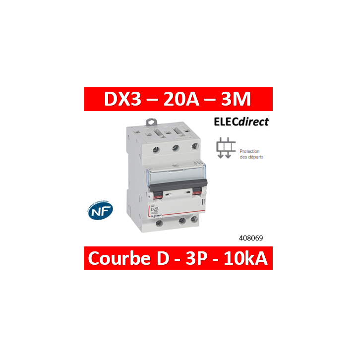 Legrand - Disjoncteur DX3 - 3P - 20A - courbe D - 10KA pour peigne HX³ optimisé Réf 408069