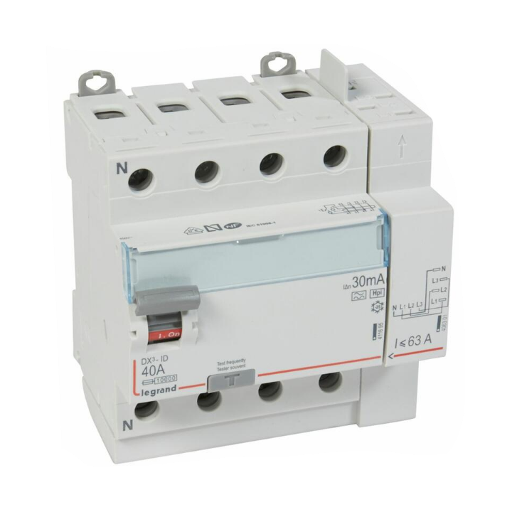 LEGRAND - Inter différentiel DX3-ID 4P 40A - 30mA - HPI - Départ Haut - 5M - Réf : 411658
