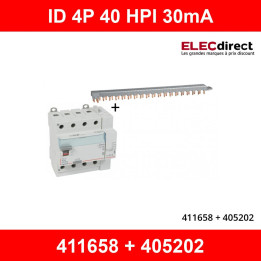 LEGRAND - Interrupteur différentiel DX3-ID 4P 40A - 30mA - HPI + peigne HX3 18M - 411658+405202