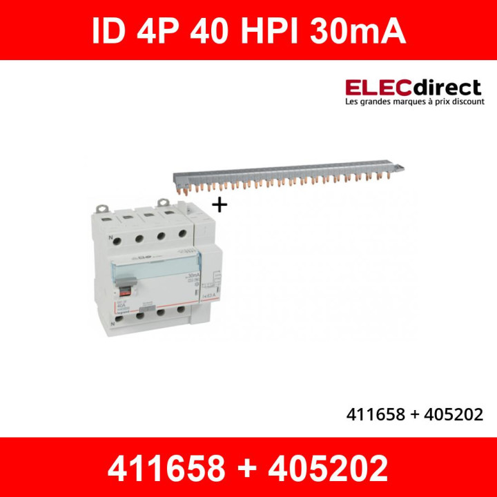 LEGRAND - Interrupteur différentiel DX3-ID 4P 40A - 30mA - HPI + peigne HX3 18M - 411658+405202