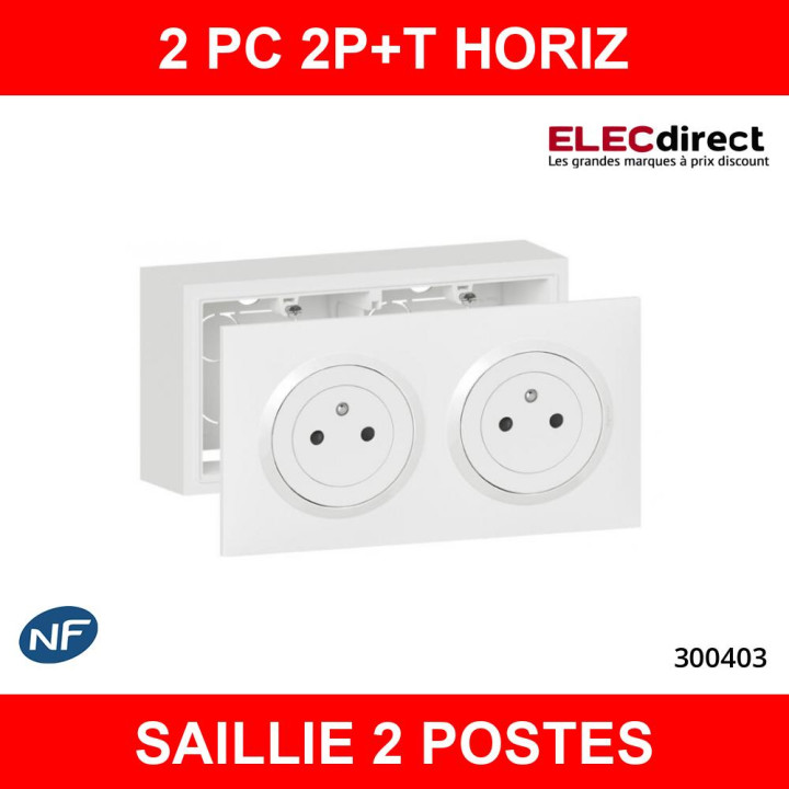 Legrand Dooxie - Kit Cadre saillie 2 postes complet - 2xPC 2P+T - précâblée - 600042+600802+600332