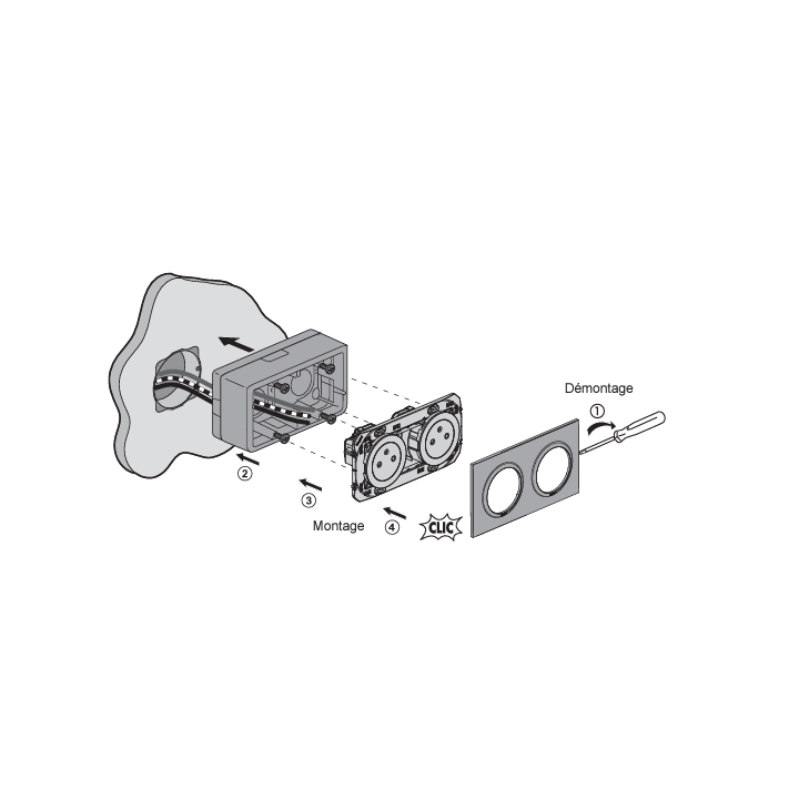 Legrand Dooxie - Kit Cadre saillie 2 postes complet - 2xPC 2P+T - précâblée - 600042+600802+600332