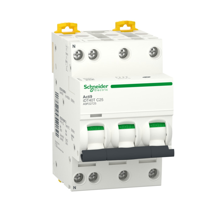 Schneider - Acti9 iDT40T - disjoncteur modulaire - 3P+N - 25A - courbe C - 4500A/6kA - A9P22725