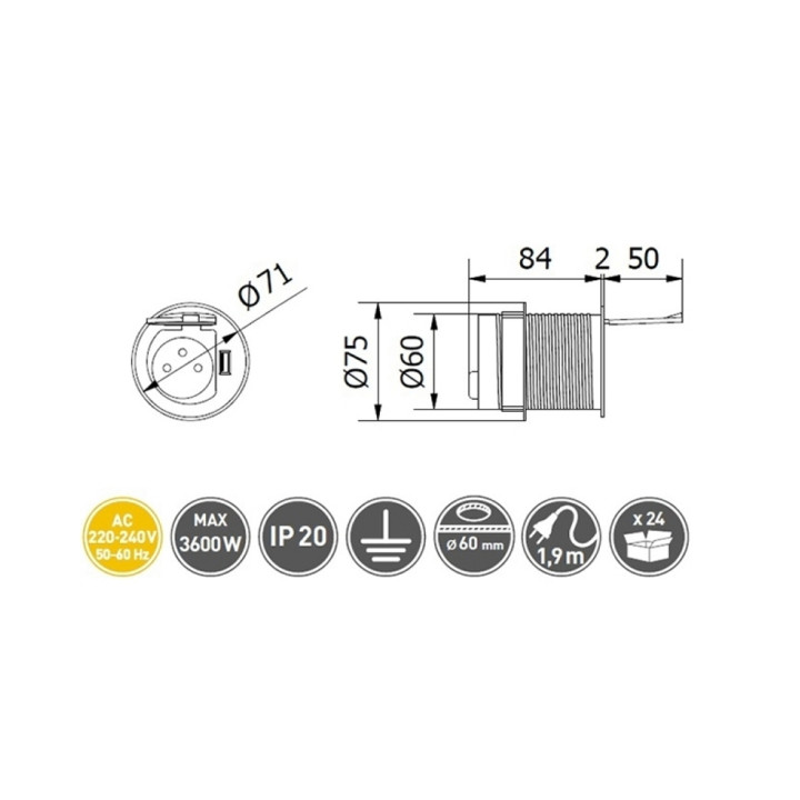GTV Lighting - Multiprise encastrable CHARGER MINI Ø60 - PC 2P+T + USB-A - Aluminium - IP20 - Réf.: AE-BPW1S1UCH-53
