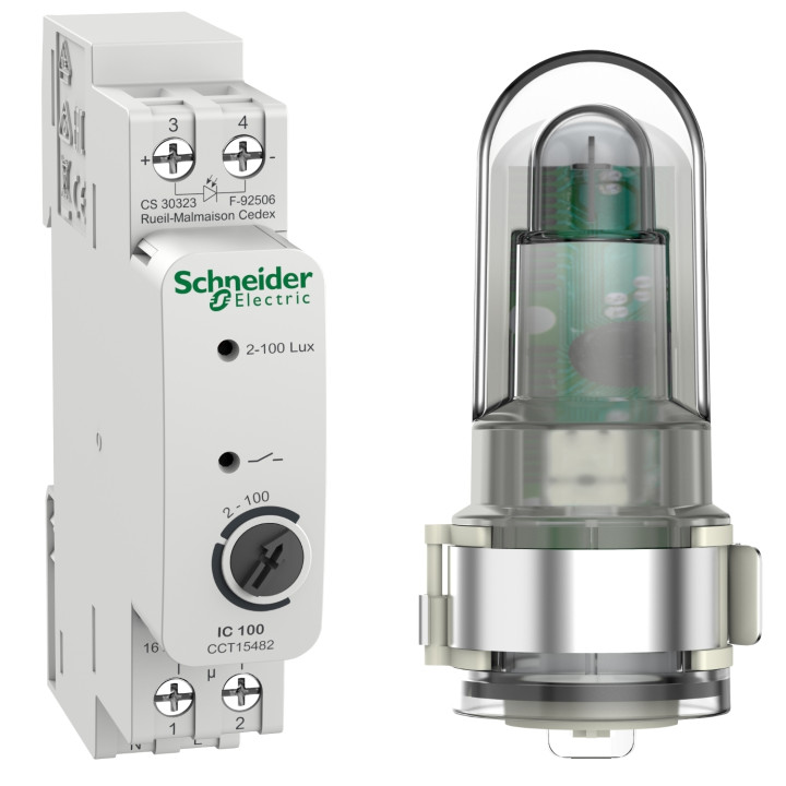 Schneider - Acti9 IC 100 - interrupteur crépusculaire - 2..100 lux - avec cellule murale - Réf : CCT15482