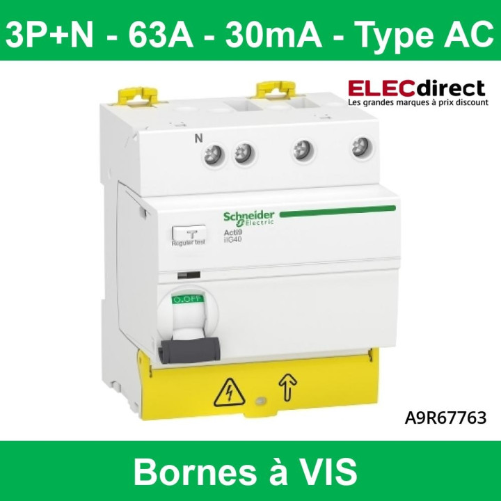 Schneider - Acti9 iIG40 - interrupteur différentiel tête de groupe - 3P+N - 63A - 30mA - type AC - Réf : A9R67763