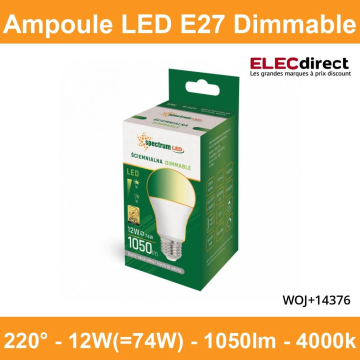 Spectrum - Ampoule LED E-27 - LED GLS 12W - Angle 220° - 4000K - 900lm - Réf : WOJ+14375