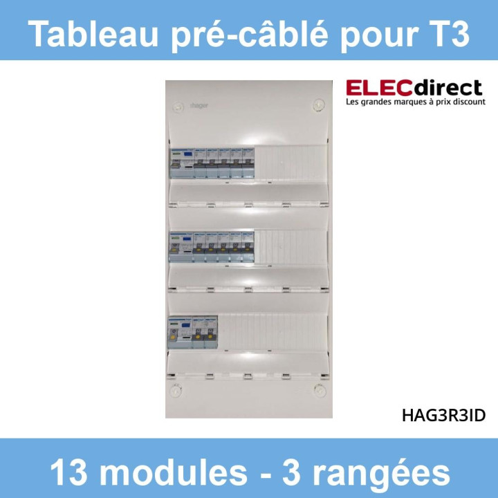 Hager- Tableau électrique pré-équipé et pré-câblé pour T3 - 13 modules - 3 Rangées - Réf : HAG3R3ID