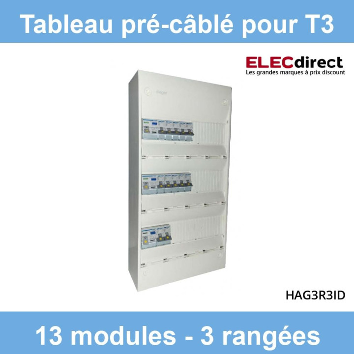 Hager- Tableau électrique pré-équipé et pré-câblé pour T3 - 13 modules - 3 Rangées - Réf : HAG3R3ID