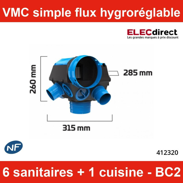 Atlantic - Kit VMC Hygrocosy BC 2 - Simple flux hygroréglable 6 sanitaires + 3 bouches à piles - 231m³/h - Réf : 412320