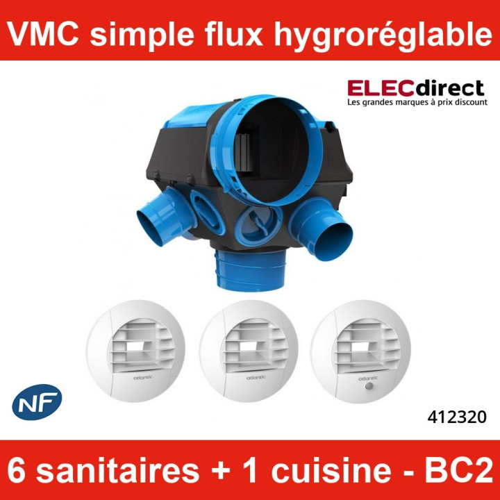 Atlantic - Kit VMC Hygrocosy BC 2 - Simple flux hygroréglable 6 sanitaires + 3 bouches à piles - 231m³/h - Réf : 412320