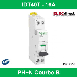 Schneider - Acti9 iDT40T - Disjoncteur modulaire - 1P+N - 16A - Réf : A9P21616
