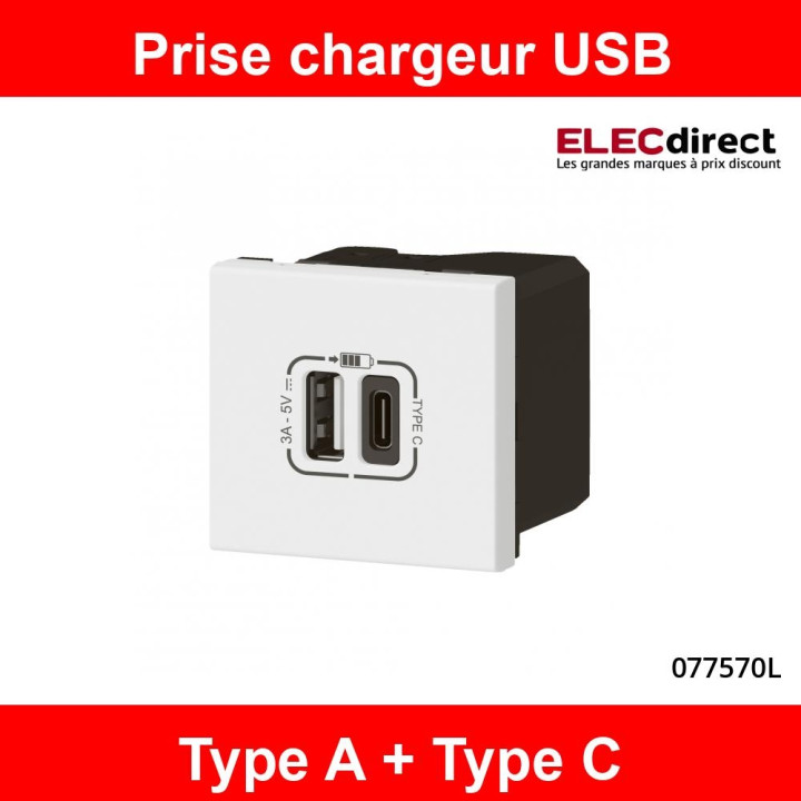 Legrand - Mosaic Link - Prise USB Type-A + USB Type-C - 3A - 15W - 2 modules - Réf : 077570L