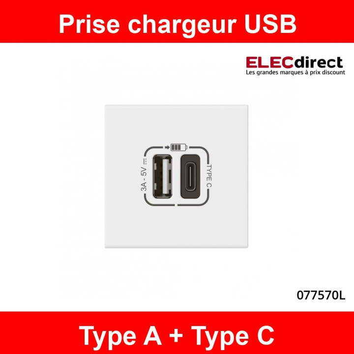 Legrand - Mosaic Link - Prise USB Type-A + USB Type-C - 3A - 15W - 2 modules - Réf : 077570L
