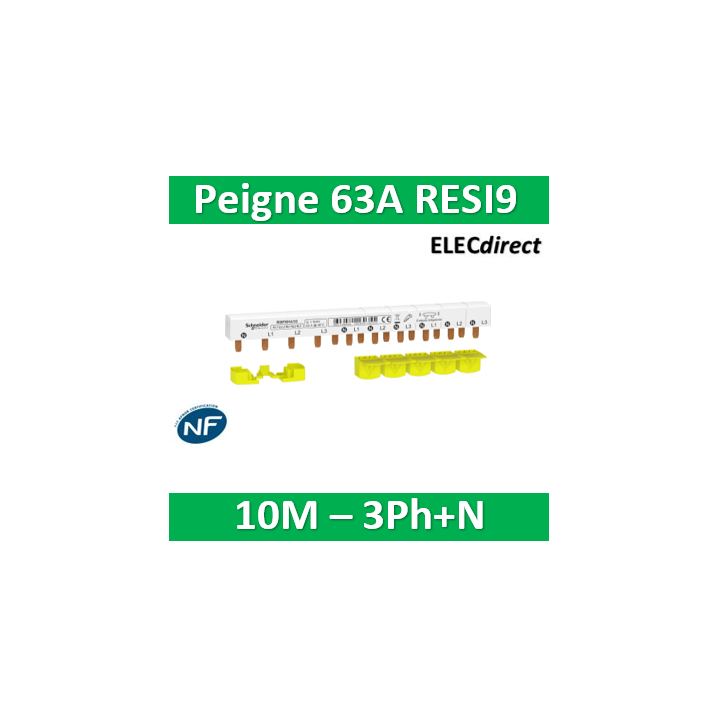 Schneider - Resi9 xp peigne monobloc - 3p+n - 63a - 10 modules - cache dents 5m - R9PXH410