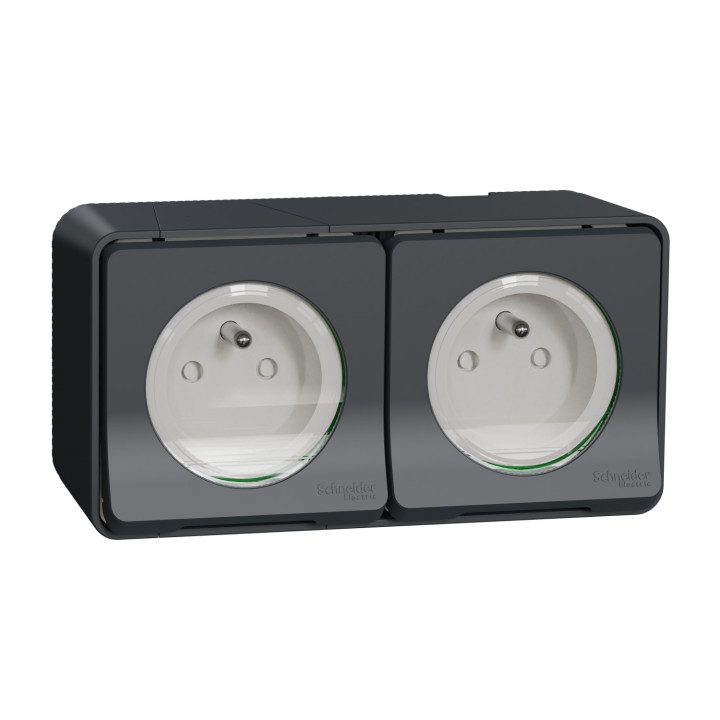 Schneider - Mureva Styl - Double prise 2P+T précâblée horizontale - saillie - IP55 - IK08 - connexion auto - gris - MUR36028