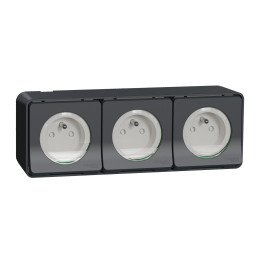 Schneider - Mureva Styl - Triple prise 2P+T précâblée horizontale - saillie - IP55 - IK08 - connexion auto - gris - MUR36037