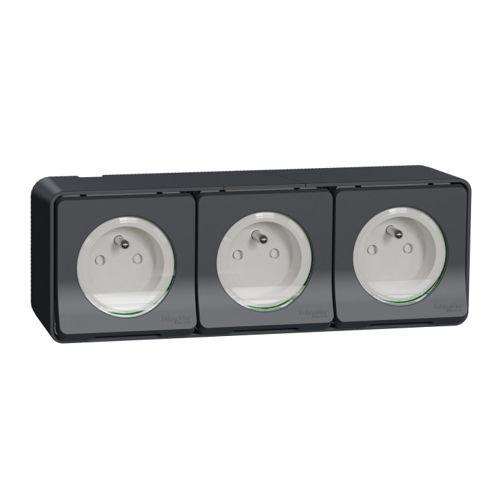 Schneider - Mureva Styl - Triple prise 2P+T précâblée horizontale - saillie - IP55 - IK08 - connexion auto - gris - MUR36037