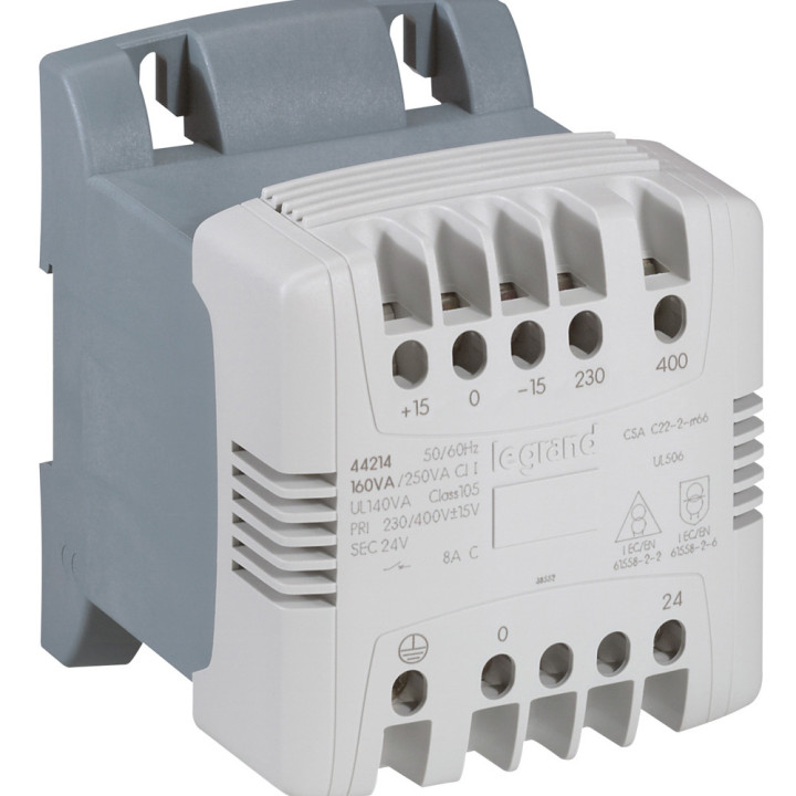 LEGRAND - Transformateur de commande et sécurité à connexion à vis primaire 230V à 400V - secondaire 24V~ - 160VA - Réf : 044214