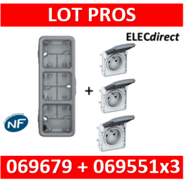 Legrand Plexo - Boîtier 3 postes verticaux - IP55/IK07 + 3 PC 2P+T 16A à câbler - 069679+069551x3