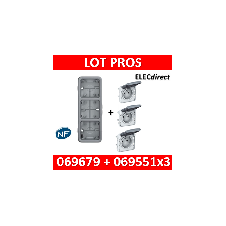 Legrand Plexo - Boîtier 3 postes verticaux - IP55/IK07 + 3 PC 2P+T 16A à câbler - 069679+069551x3