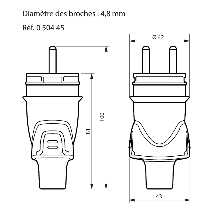 Legrand - Fiche 2P+T 16A 230V - caout - IP44 / IK08 - sortie droite - Réf : 050445