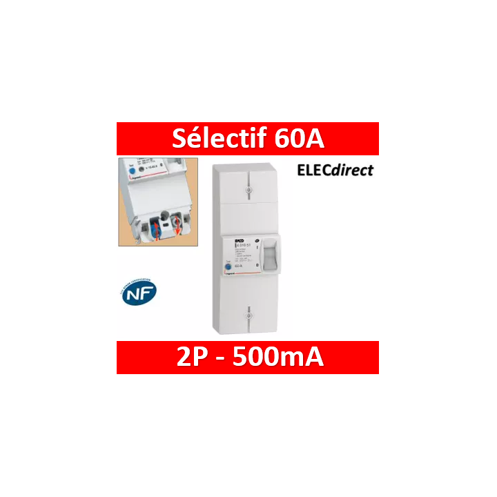 Legrand - Disjoncteur de branchement EDF 60A sélectif - non réglable - 500mA - bipolaire - Réf.: 401006