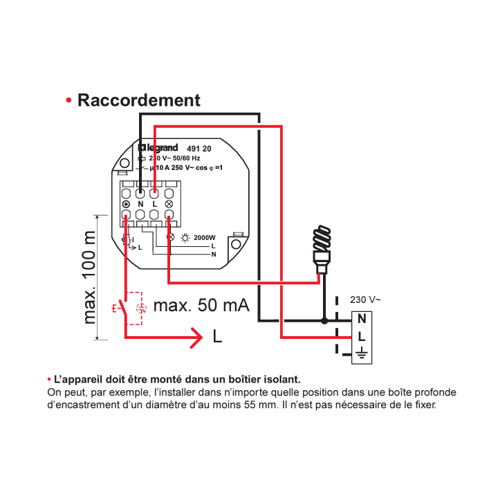 Legrand - Télérupteur encastrable 10A - 250V - Silencieux - BP à la phase - Réf : 049120