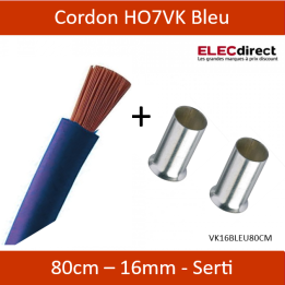 Cordon de 0.80M de 16mm² souple Bleu + Embout - Réf : VK16BLEU80cm