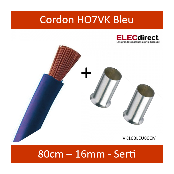Cordon de 0.80M de 16mm² souple Bleu + Embout - Réf : VK16BLEU80cm