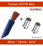 Cordon de 0.80M de 16mm² souple Bleu + Embout - Réf : VK16BLEU80cm