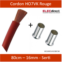 Cordon de 0.80M de 16mm² souple Rouge + Embout - Réf : VK16ROUGE80CM