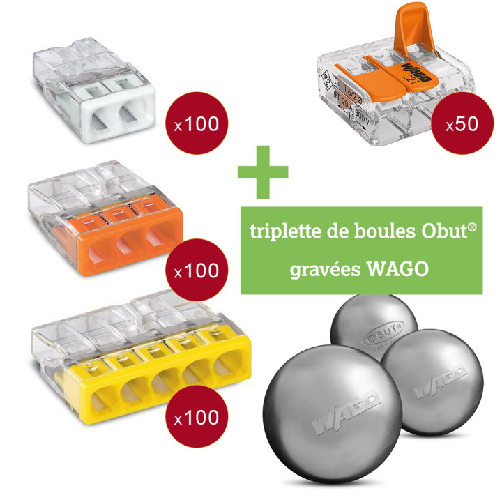 WAGO - Assortiment bornes 350 pièces + Triplette de boules de pétanque Obut® - Réf. : WAGOBUT