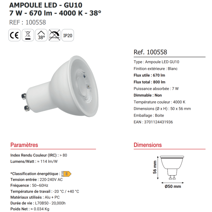 Miidex - Lampe LED 7W - non Dimmable - 4000K - 670 lumens - GU10 230V - Réf. : 100558