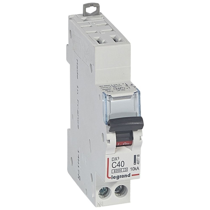 Legrand - Disjoncteur DX³ 6000A / 10kA - auto/vis - U+N - 230 V~ - 40A - 10kA - courbe C - 1 module - Réf : 407718