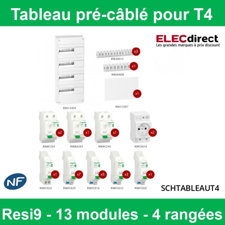 Schneider - Tableau électrique pré-équipé et pré-câblé pour T4/5 - Rési9 - 13 modules - 4 Rangées - XE - Réf. : SCHT4R4ID