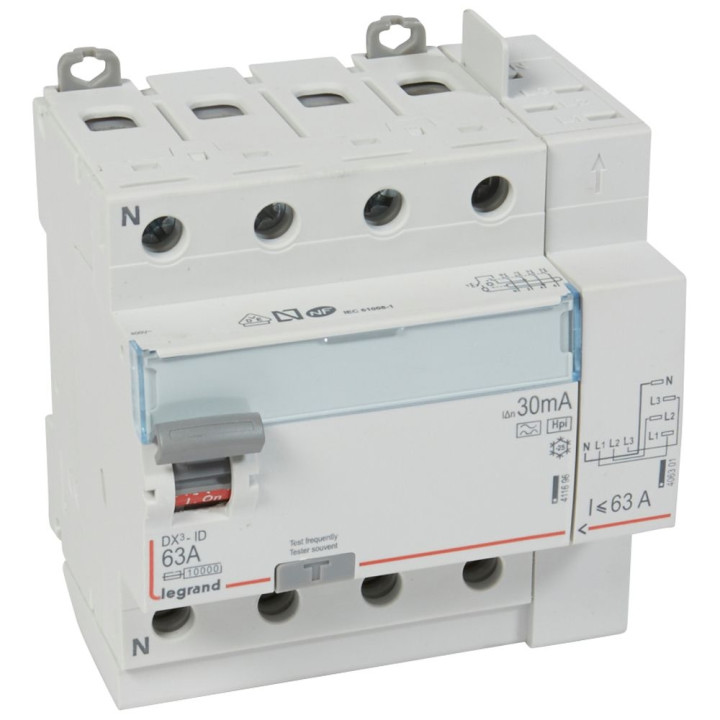 LEGRAND - Inter différentiel DX3-ID 4P 63A - 30mA - HPI - Départ Haut - 5M - Réf : 411659