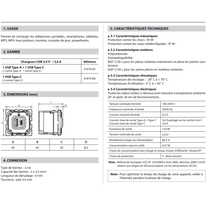 Legrand - Céliane - Mécanisme Double Prise USB - type C - 3A - 15W - Réf : 067466