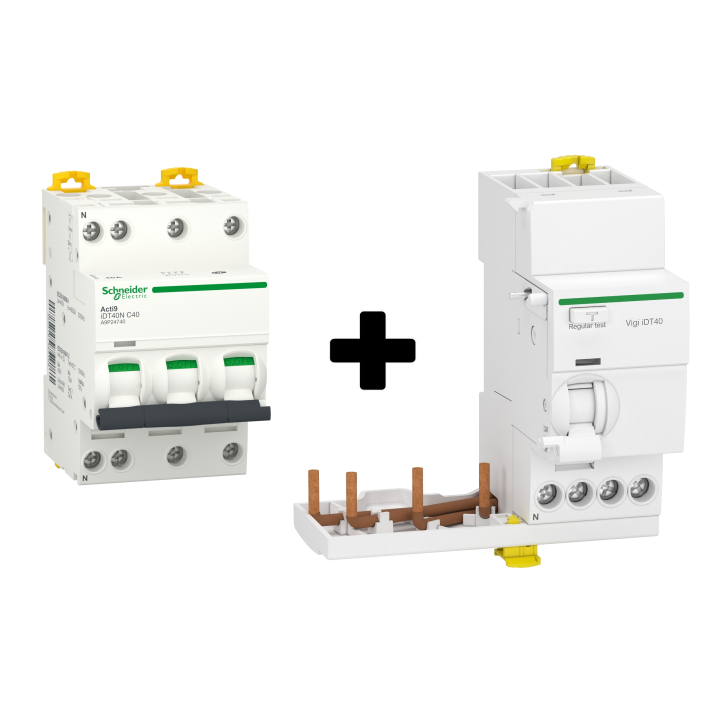 Schneider - LOT Disjoncteur 40A - 3P+N - courbe C + Bloc Vigi 40A - 3P+N - type HPI - Réf : A9P22740 + A9Y64740