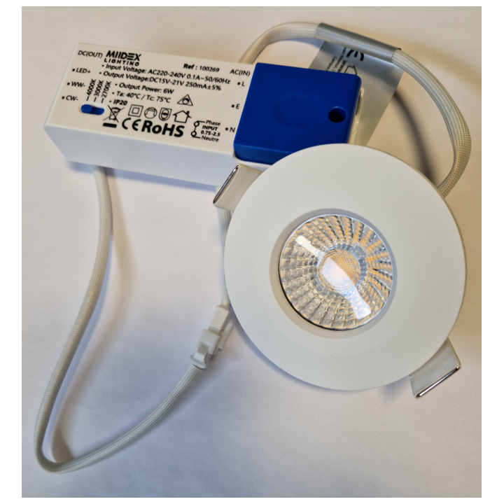 Miidex - Spot LED Ø68 Dimmable blanc - 6W - IP65 - BBC - Angle 75° - 2700 / 3000 / 4000°K - Réf : 100269